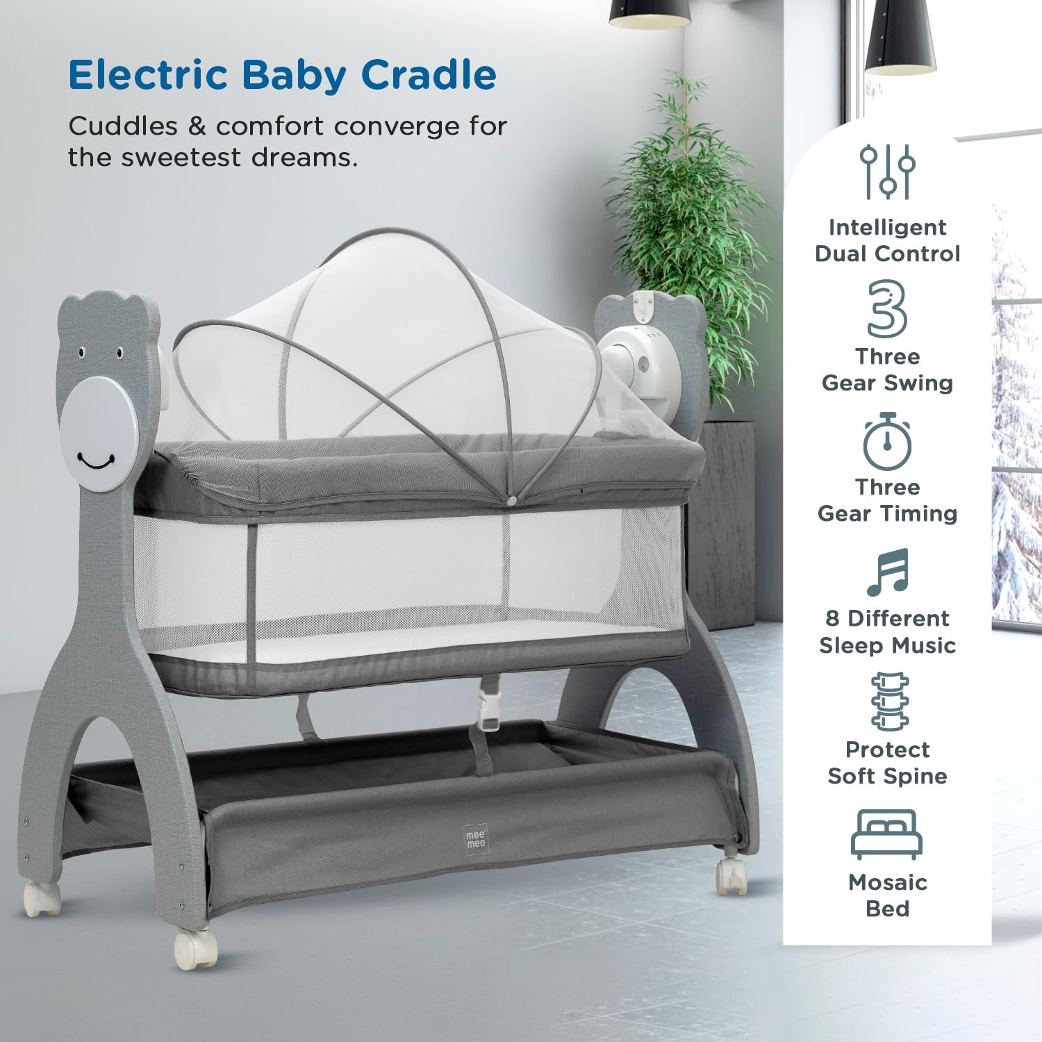 Grey Mee Mee infant cradle with mesh sides, overhead mobile with stars and moon, and a convenient remote control for soothing. www.usmile.toys